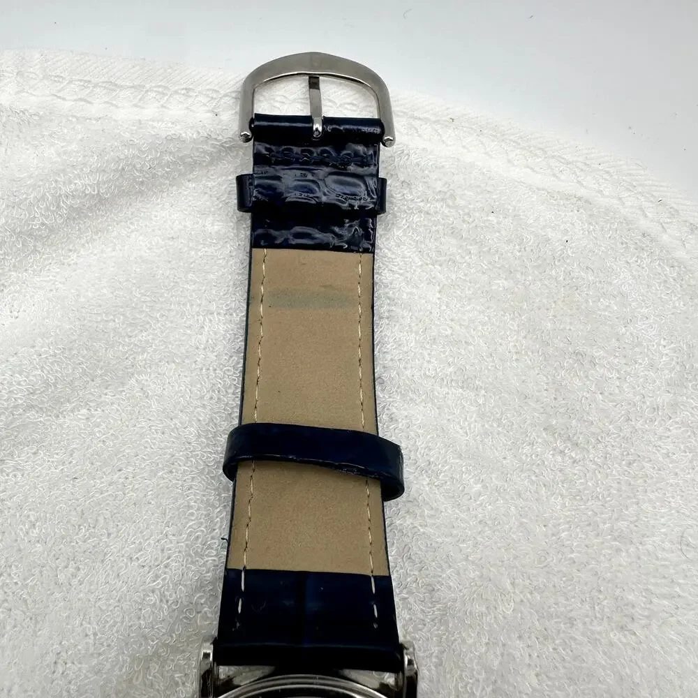 Chico's Quartz Watch Blue Leather Strap Rhinestone Bezel Roman Dial